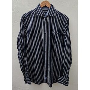 Bugatchi Uomo Men's Blue 100% Cotton Striped Long‎ Sleeve Shirt Size Large
